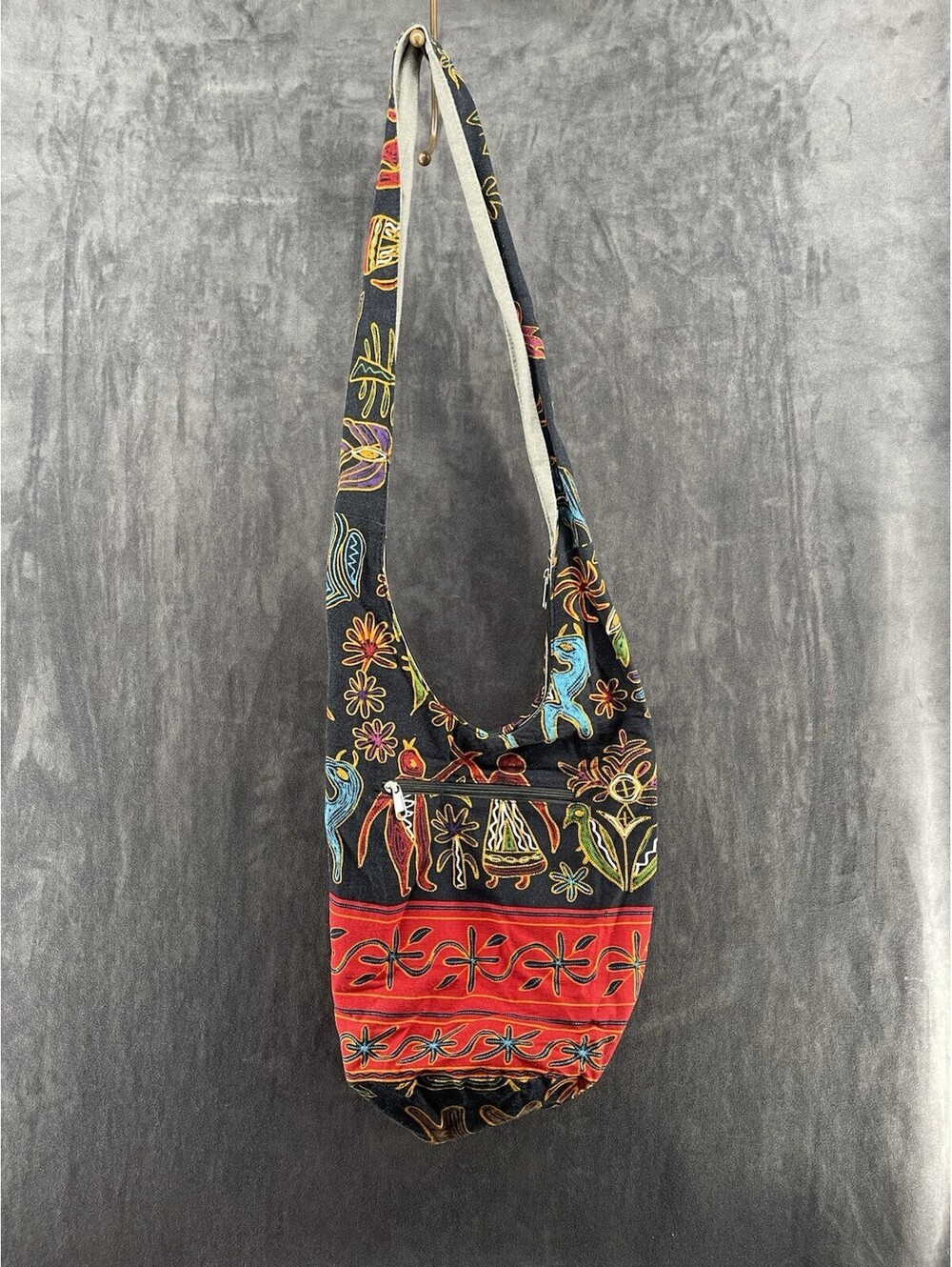 Boho Embroidered Crossbody Hobo Bag Black Floral Ethnic Festival Shoulder Tote